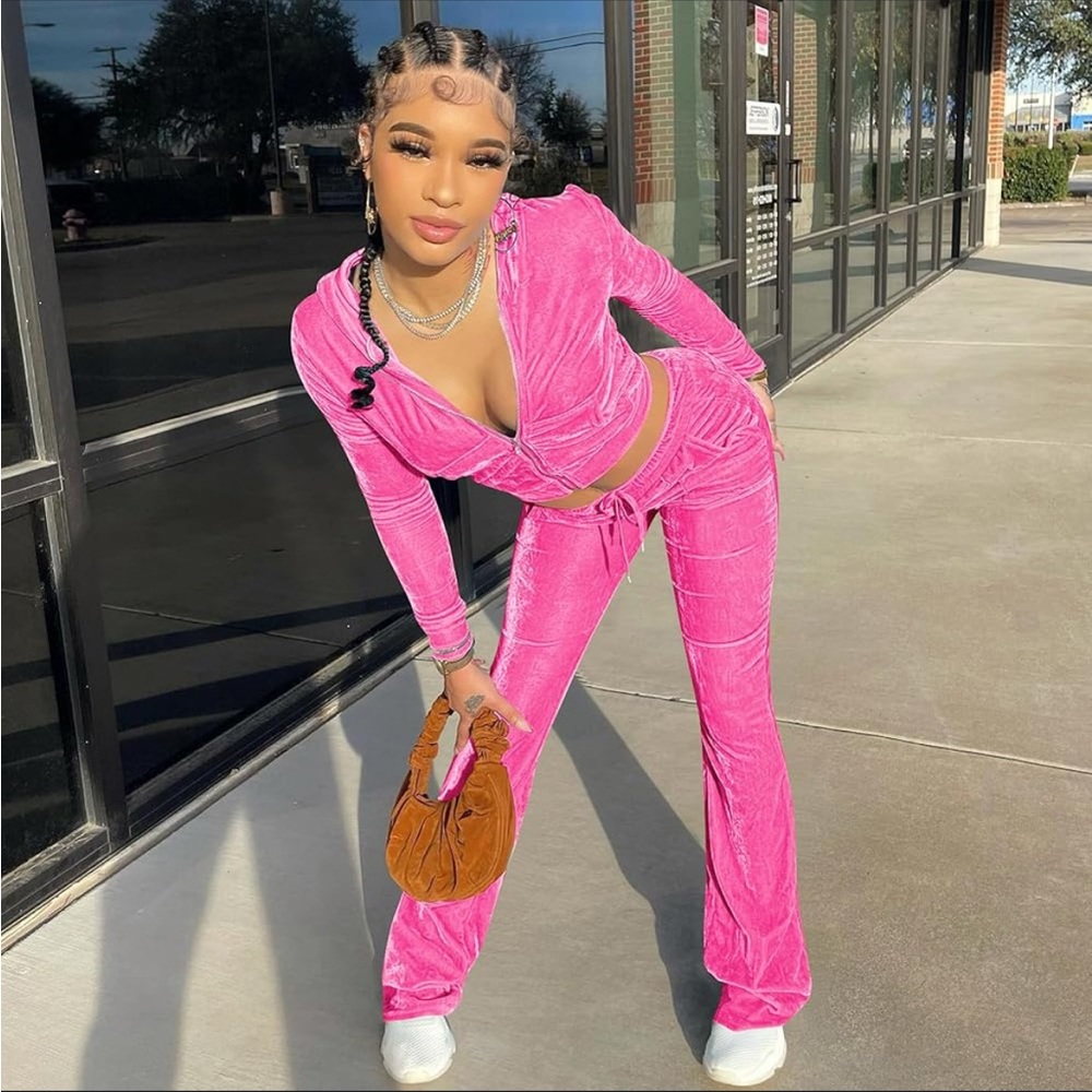 Pink Velour Velvet Women's Jumpsuit - Picture 4 of 11